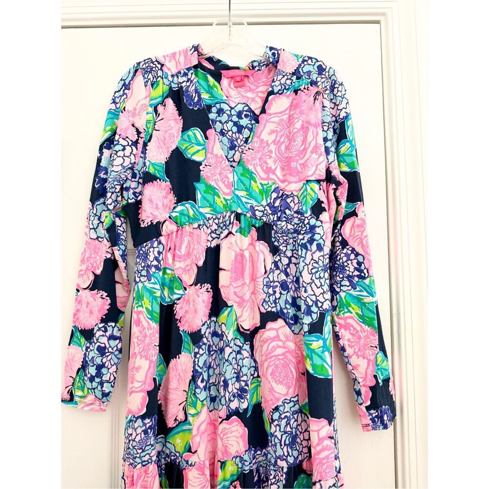 Lilly Pulitzer Navy Hey Hey‎ Bouquet Floral Martinique Tiered Maxi Dress M - Picture 2 of 8